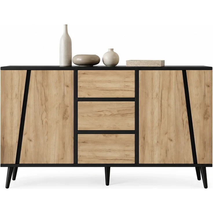 DESVIAE Sideboard Holzfarbe/Schwarz – 120x70x40 cm – 2 Türen, 3 Schubladen, verstellbare Einlegeböden – Bild 7