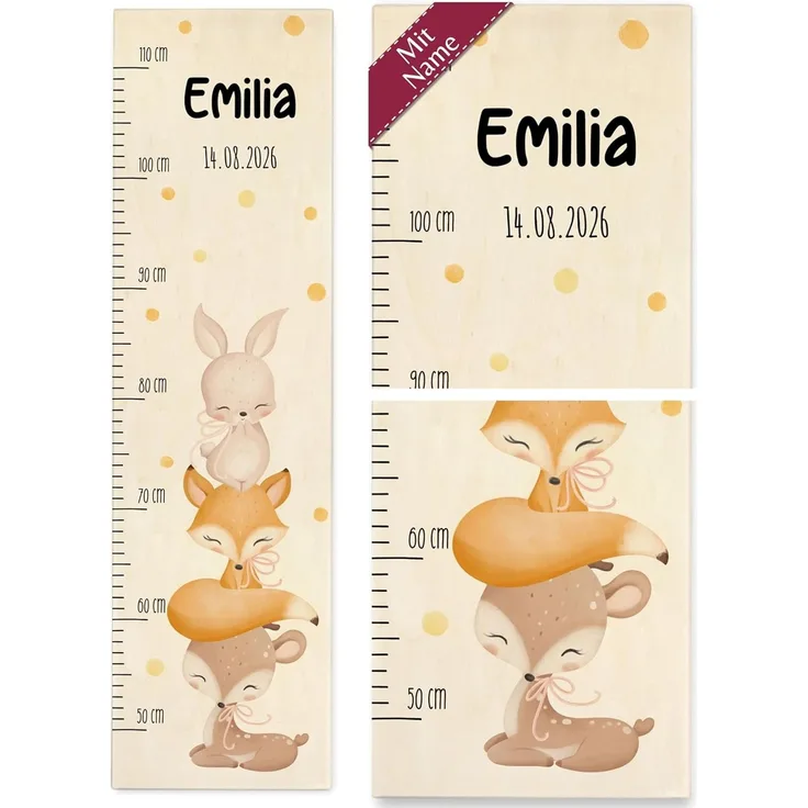 Messlatte Kind Holz - Tiere - Kindermesslatte süße Tierchen Hase Fuchs Reh mit Name und Datum I Waldtiere - 50-110 cm - Holz - kinder 160 tier baby meßlatte mädchen größe eichhörnchen
