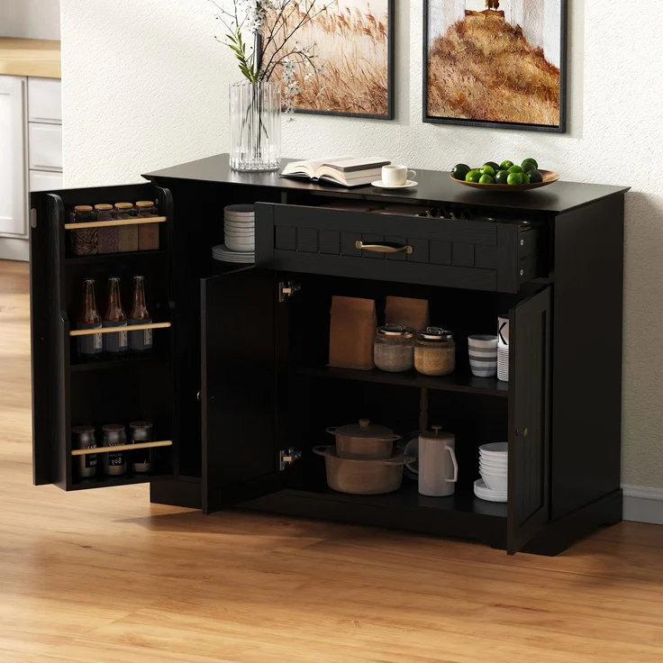 Modernes, elegantes Sideboard mit 3 Türen und einer Schublade, Buffetschrank für Esszimmer, Wohnzimmer und Diele (Schwarz) – Bild 2