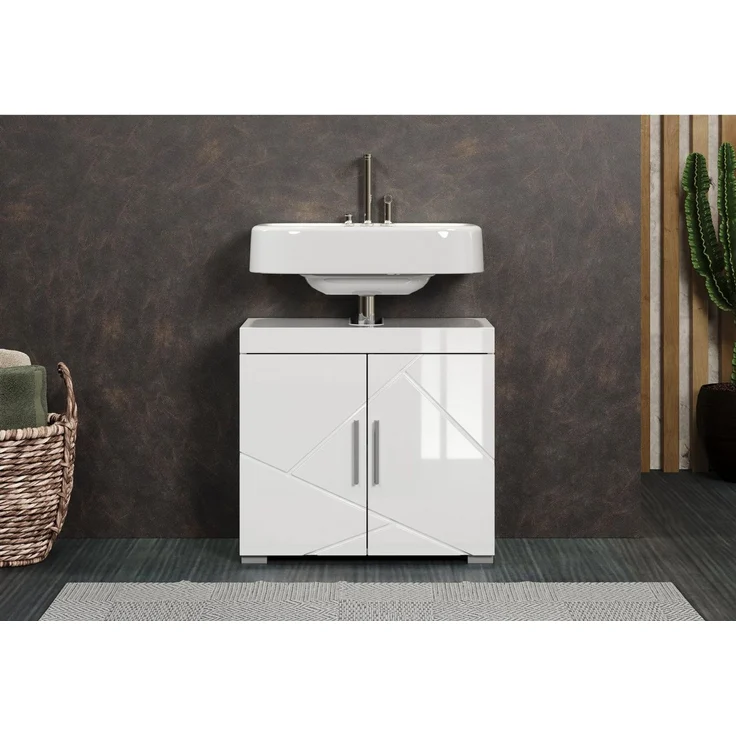 trendteam smart living - Amanda - Waschbeckenunterschrank - Weiß/Weiß Hochglanz - Unterschrank für das Badezimmer mit 2 Türen und 1 Einlegeboden - (BxHxT) 60 x 56 x 34 cm - Moderner Stil – Bild 5