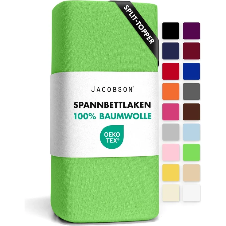 Jacobson Jersey Spannbettlaken Baumwolle Bettlaken (Split-Topper 180x200-200x200 cm, Apfelgrün)