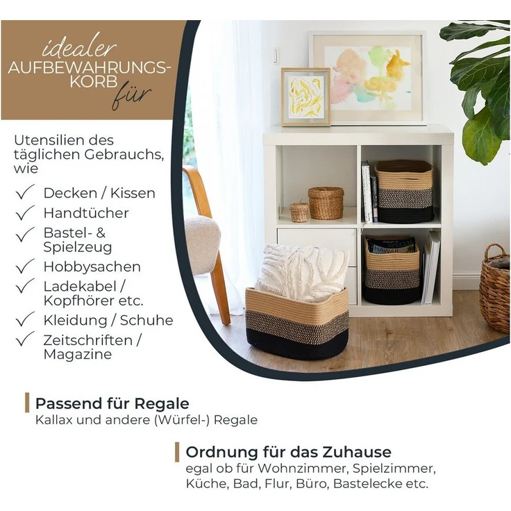 HMF Aufbewahrungskorb Aufbewahrungskorb mit versteckten Griffen, für Kallax Regal geeignet (Set, 3er), Korb handgenäht aus Baumwolle, 37,5 x 25 x 22,5 cm, Schwarz-Honig – Bild 2