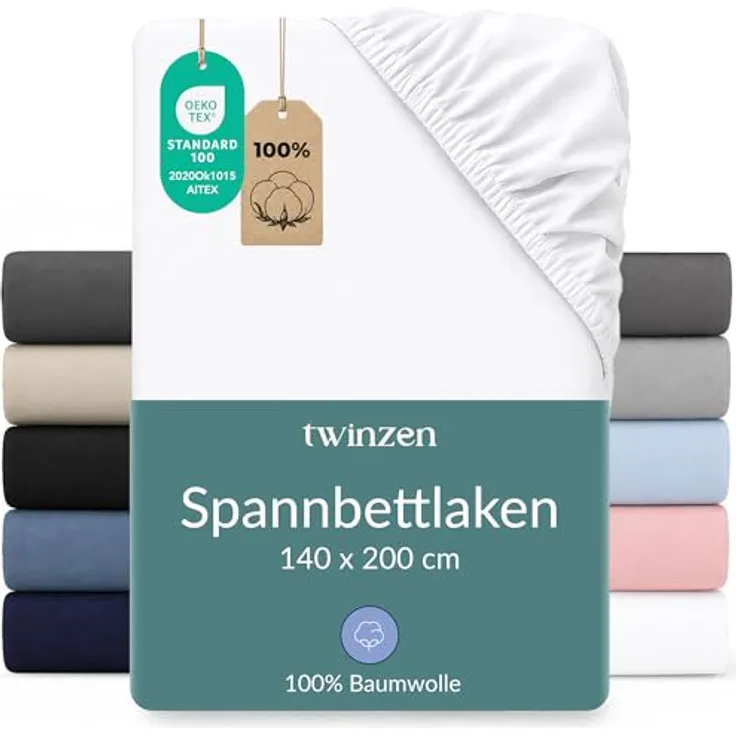 Twinzen Spannbettlaken 140x200cm / 140x190cm - 100% Jersey Baumwolle, Weiß, Oeko-Tex zertifiziert, atmungsaktiv und pflegeleicht