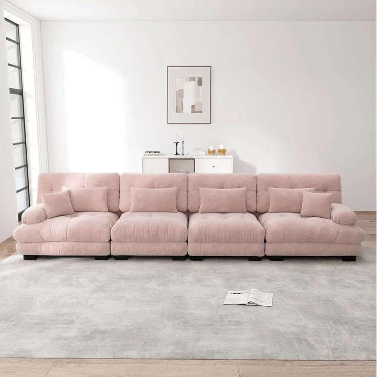DESVIAE Sofa modular mit Tiefensitz und Kissen, Chenille Rosa, 406 x 77 x 81 cm – Bild 3