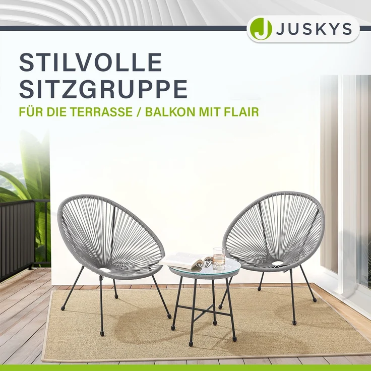 Juskys 'Ostana' Balkonmöbel Set, 3-teilig, Tisch + 2x Sessel, Polyrattan, Hellgrau – Bild 4