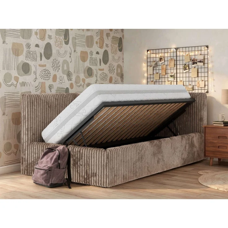 Jugendbett 90x200 cm TILVO mit Bettkasten, Polsterbett, Jugendzimmer, Lattenrost und gepolstertem Kopfteil, Pocket Matratze - Braun Cord - Rechts - VIRE LUX – Bild 4