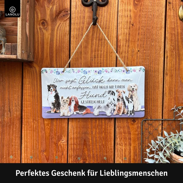 LANOLU Blechschild Glück Hunde streicheln - 16x32cm – Metall – Weiß – 16101 – Bild 2