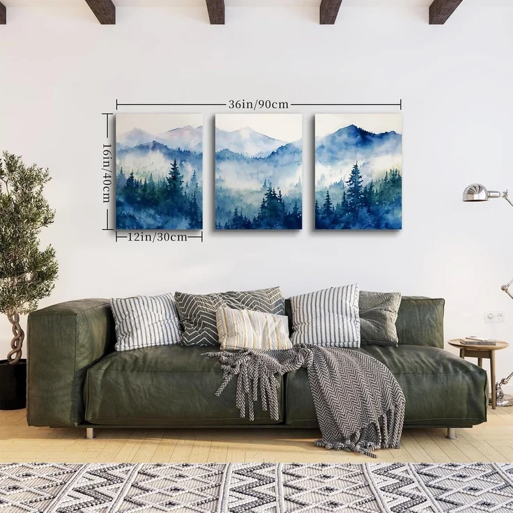 Aquarell Blau Wald Leinwand Bilder Set Wohnzimmer Schlafzimmer Moderne – Bild 5
