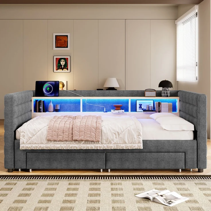 Tagesbett, Daybett, Schlafsofa, 90 × 190 cm, multifunktionales Ausziehbett-Design, USB- + Typ-C-Anschlüsse, mit zwei Schubladen, mehreren Staufächern, LED-Lichtleiste, Ohne Matratze, Samt, Grau – Bild 6