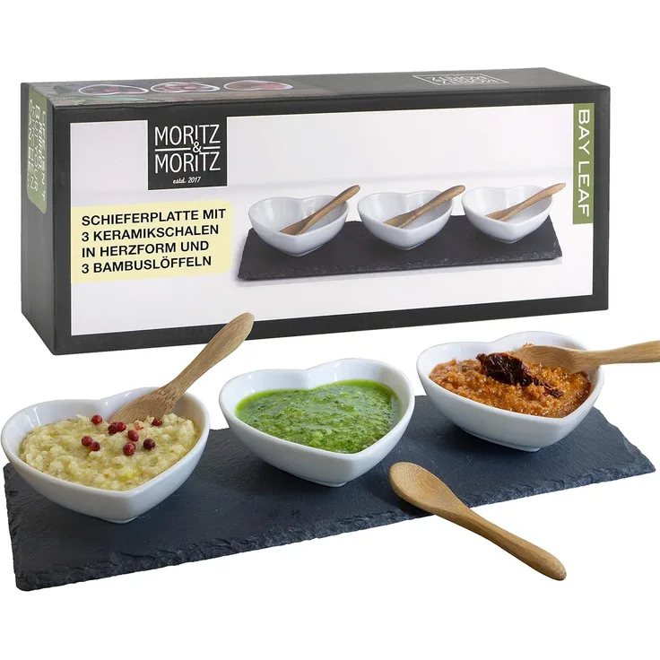 Moritz & Moritz Schiefer Set Bay Leaf - Schieferplatte mit 3 Herz Schalen
