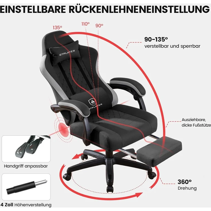 GTPLAYER Gaming Stuhl Stoff, Gaming Sessel mit Taschenfederkissen, ergonomischer Drehstuhl, Gamer Stuhl mit Fußstütze150 kg Belastbarkeit, schwarz – Bild 3