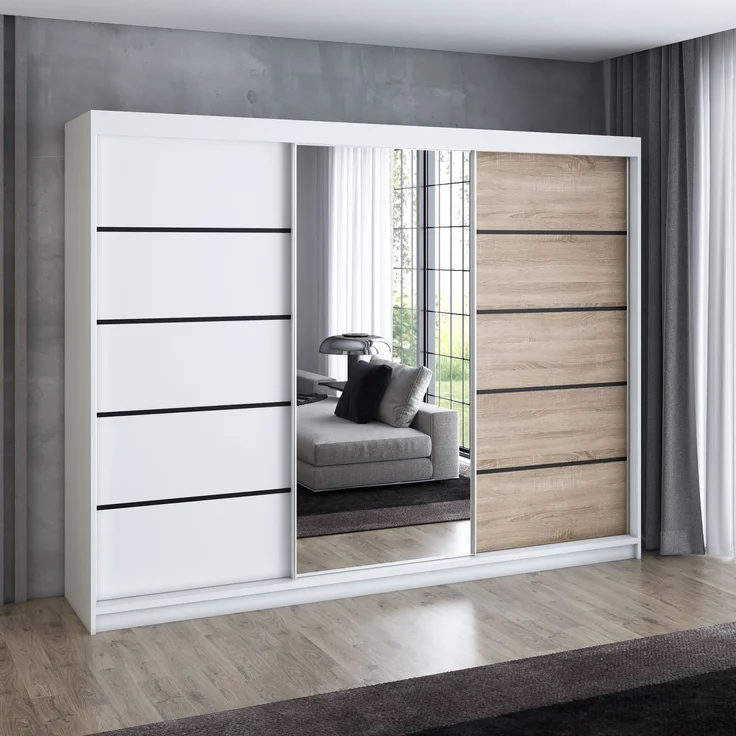 A&J MöbelLand 'Viluno 2' Schwebetürenschrank mit 4 Schubladen und Spiegel, Spanplatte, 215 x 59,5 x 200 cm, Weiß / Natur / Weiß – Bild 2
