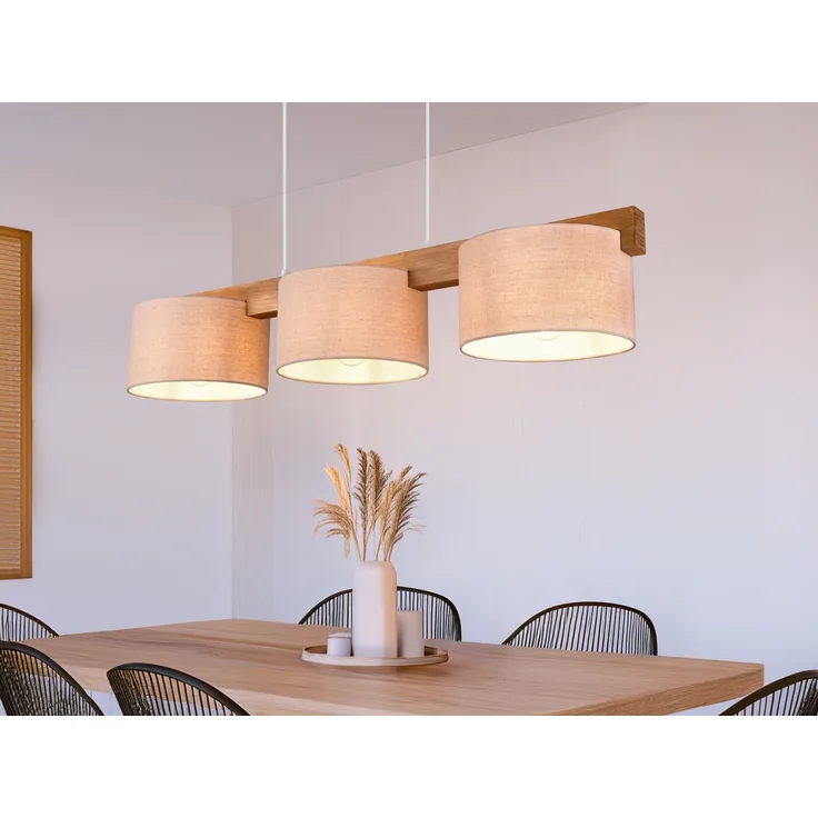 meineWunschleuchte 'Lanat' Pendelleuchte, Holz / Stoff, 3-flammig, Beige