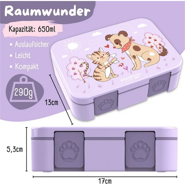 BEARFOOT Lunchbox Brotdose mit Fächern,auslaufsicher - Hund & Katze lila 650ml, PP, ABS, Silikon, Kindergarten und Schule - Mädchen und Jungen, Vesperbox, Snackbox – Bild 2