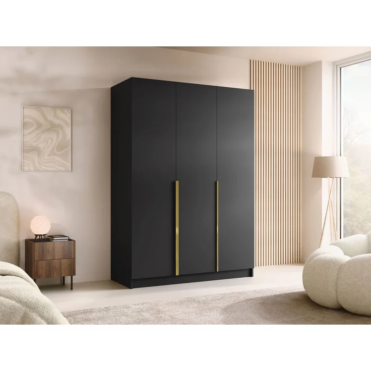 Mirjan24 'Cikzori' Kleiderschrank mit Einlegeböden und Kleiderstange, 3-türig, Laminatplatte, 215 x 58 x 150 cm, Schwarz / Gold, ohne Spiegel – Bild 2