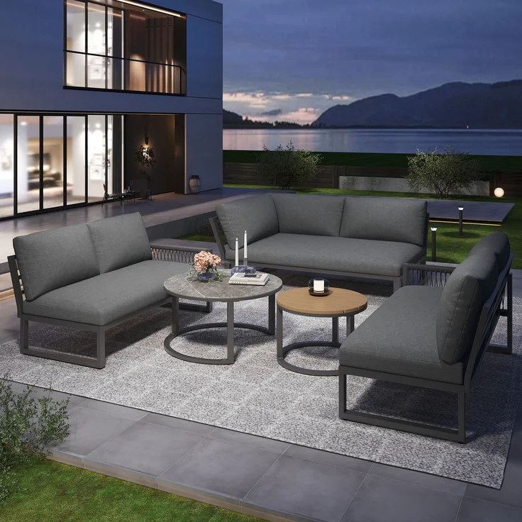 Garten-Lounge-Set, Möbelset für 6-7 Personen, Ecksofa mit verzinktem Eisengestell, verstellbare Beine, inklusive aller Sitz- und Rückenkissen, grau--Herde--69.85x62.23x40.01cm--YOUDENOVA – Bild 4