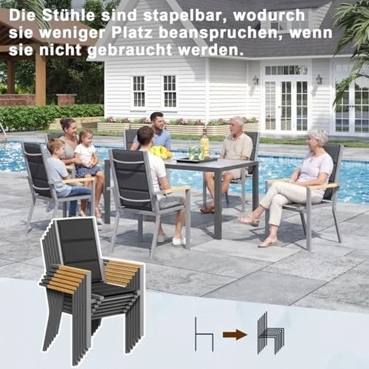 JUMMICO Gartenmöbel Set Terrassen Set Aluminium Gestell mit Holzoptik PS Tischplatte Komfortabler Hochlehner Einfach Montiert,6 Personen Set – Bild 6