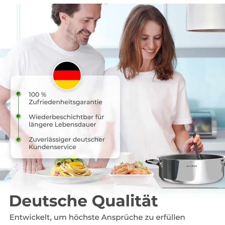 KLAMER Servierpfanne mit Deckel 28cm Induktion, antihaftbeschichteter Edelstahl Schmortopf…, Energiesparend, Güteglasdeckel, tropffrei abgießen – Bild 8