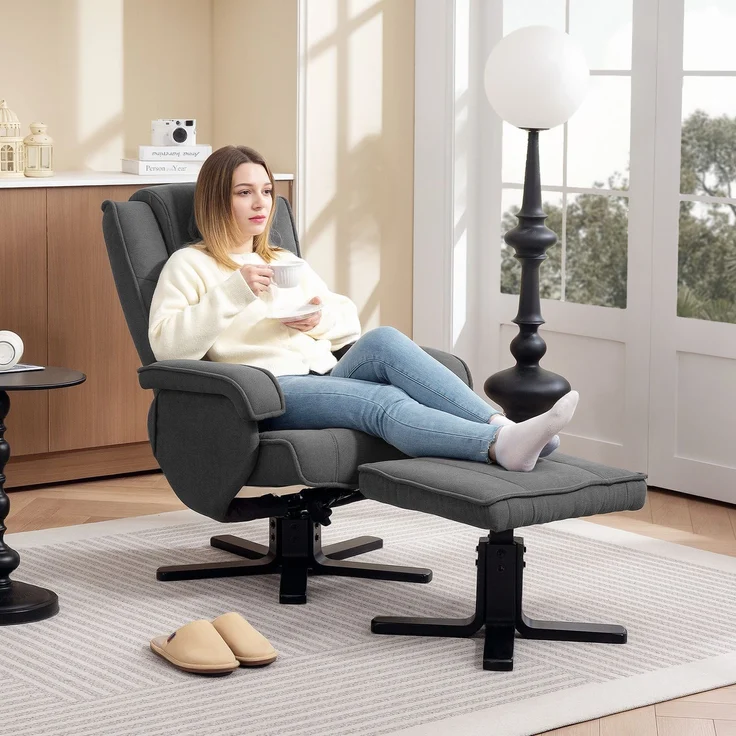 MELAYR, Schaukelbarer Relaxsessel mit Fußhocker, Stoffbezug in Samtoptik, 87 x 67 x 96 cm, Dunkelgrau – Bild 3