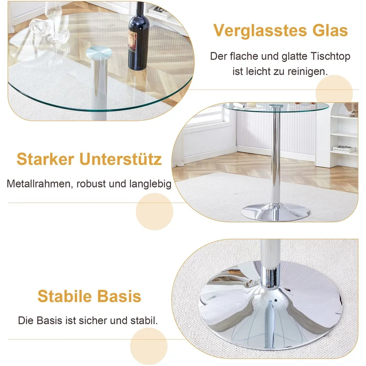 Flexibles Bar-Set: 89 cm Glastisch + 2 transparente Barhocker – speziell für europäische offene Küchen konzipiert. Silbern-metallenes Gestell mit bequemer Fußstütze, Flexibles Bar-Set: 89 cm Glastisch + 2 transparente Barhocker – speziell für europäisc... – Bild 7