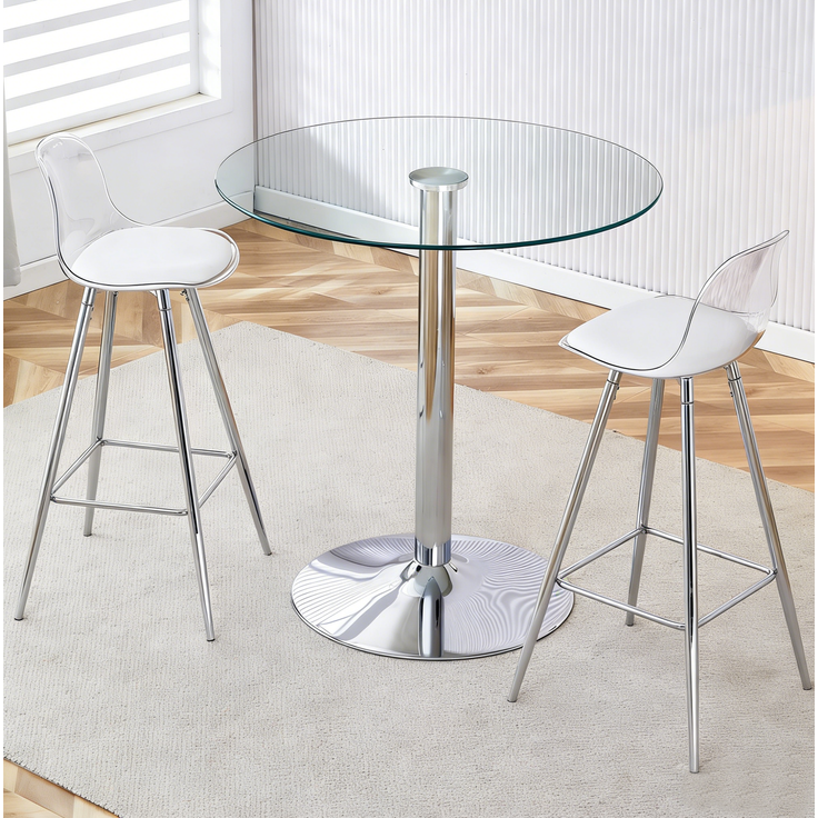 Bartisch-Set mit Glasplatte & 2 Barhockern, Ø 89x92 cm, Transparent/Silber – Bild 2