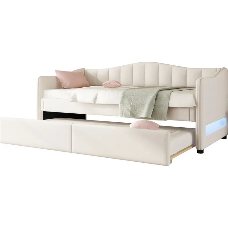 EINHOM Daybettt, 90 x 200 cm Tagesbett mit Ausziehbarem Bett, Schlafsofa, Einzelbett, Ambiente-Licht-Design, Leinen, Minimalistisches Styling, Beige (Ohne Matratze) – Bild 7