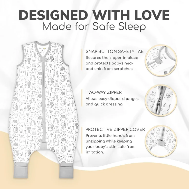 Baby Schlafsack mit Füße 1.0 TOG, Ganzjahres Schlafsack, Bio-Baumwolle Baby Schlafsäcke ohne Ärmeln Babyschlafsack mit Beinen für Säugling Kinder Junge Mädchen, 1er Pack, 70cm (Baby Höhe 80-90cm) – Bild 3