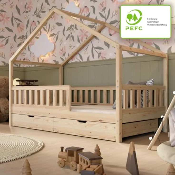 Crazy Pine 'Crazy House' Hausbett mit abnehmbaren Rausfallschutz, Naturholz, Natur, 90x190 cm, mit Schubladen – Bild 4