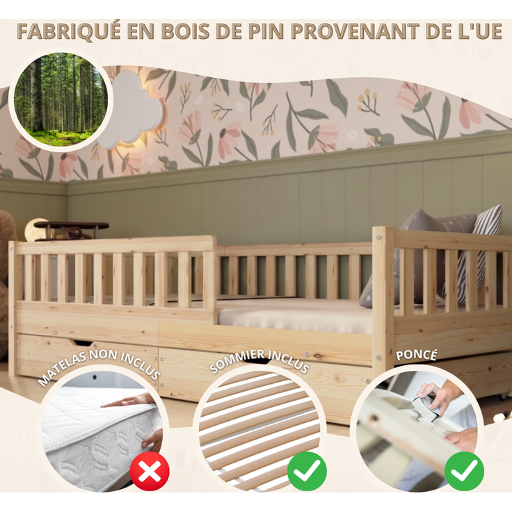 Crazy Pine 'Crazy Basic' Kinderbett mit Rausfallschutz, Skandinavisches Design, Holz, Natur, 90x200 cm, mit Schublade – Bild 4