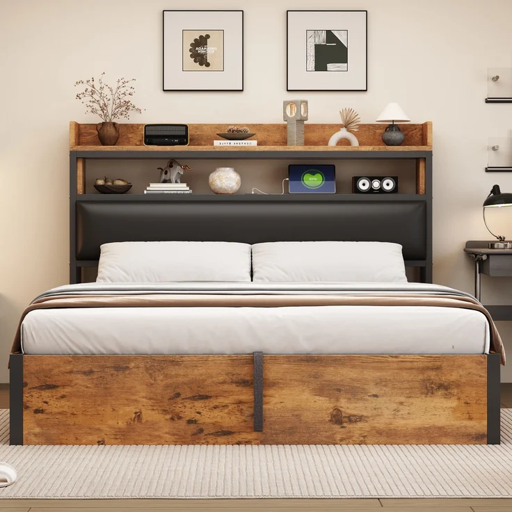 Bettrahmen 180 x 200 mit hydraulischer Hebevorrichtung, USB, gepolstertem Kopfteil, Vintage-Design aus Holz und Metall, verstecktem Stauraum Doppelbett Moderne Schlafzimmermöbel Schwarz – Bild 3