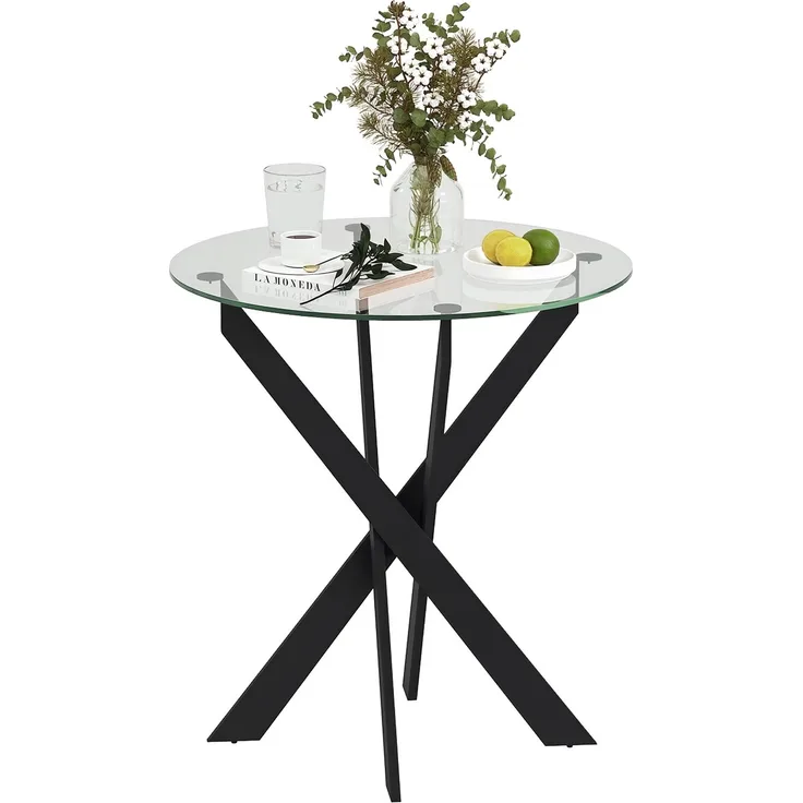 JARDJ Moderner Glas-Esstisch, 70 cm Durchmesser, Küchentisch mit gehärteter Glasplatte und Metallbeinen, für 4 Personen