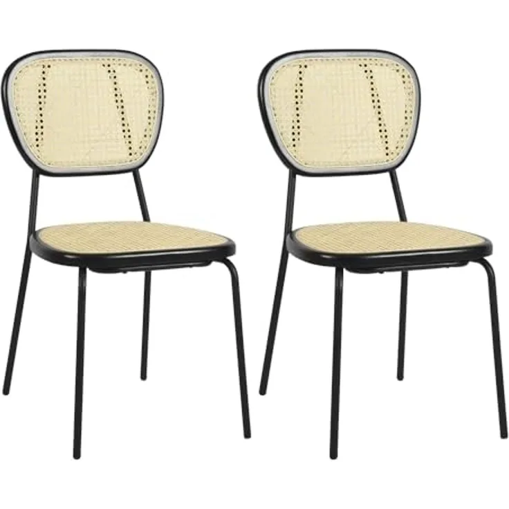 39F FURNITURE DREAM Set mit 2 skandinavischen Esszimmerstühlen aus natürlichem Rattan, Gestell aus schwarzem Metall, Faul, Natur, 45 x 51 x 84 cm