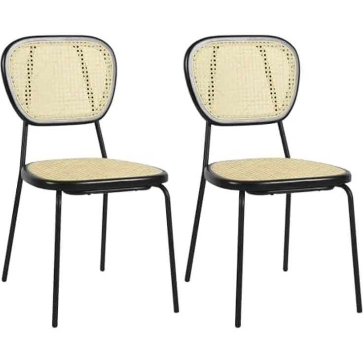 39F FURNITURE DREAM Set mit 2 skandinavischen Esszimmerstühlen aus natürlichem Rattan, Gestell aus schwarzem Metall, Faul, Natur, 45 x 51 x 84 cm – Bild 1