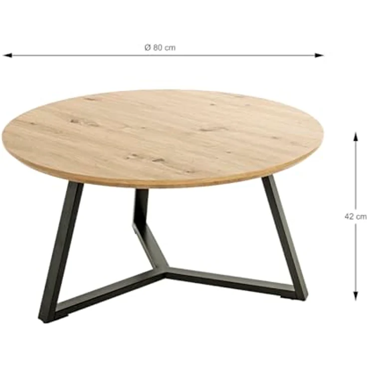 XXXL Couchtisch, rund und eckig, Schwarz mit Eiche und Metall, 80 cm Durchmesser, Industrial-Style, bis 20 kg belastbar – Bild 3
