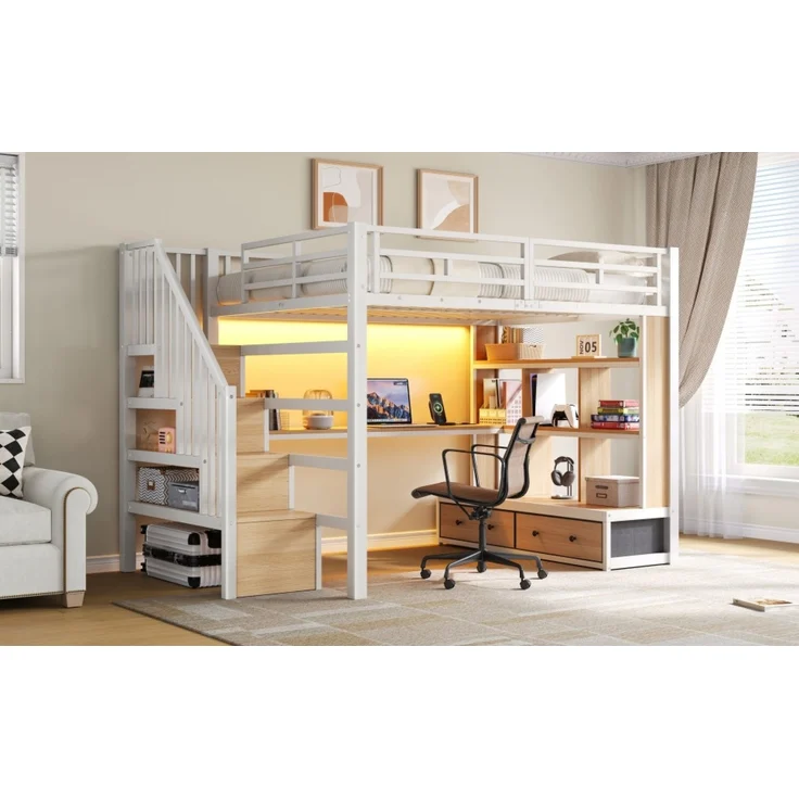 Merax 140x200 Hochbett, Doppelbett mit Schreibtisch und Regalen, zwei integrierten Schubladen, Treppe mit Stauraum, Weiß – Bild 5
