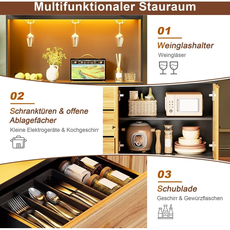 180 cm Küchenschrank, Hochschrank mit LED, Küchenregal mit Steckdose, Weinregal und Vitrine für Küche & Esszimmer--Schwarz + Natur--100x40x180cm--YOUDENOVA – Bild 7