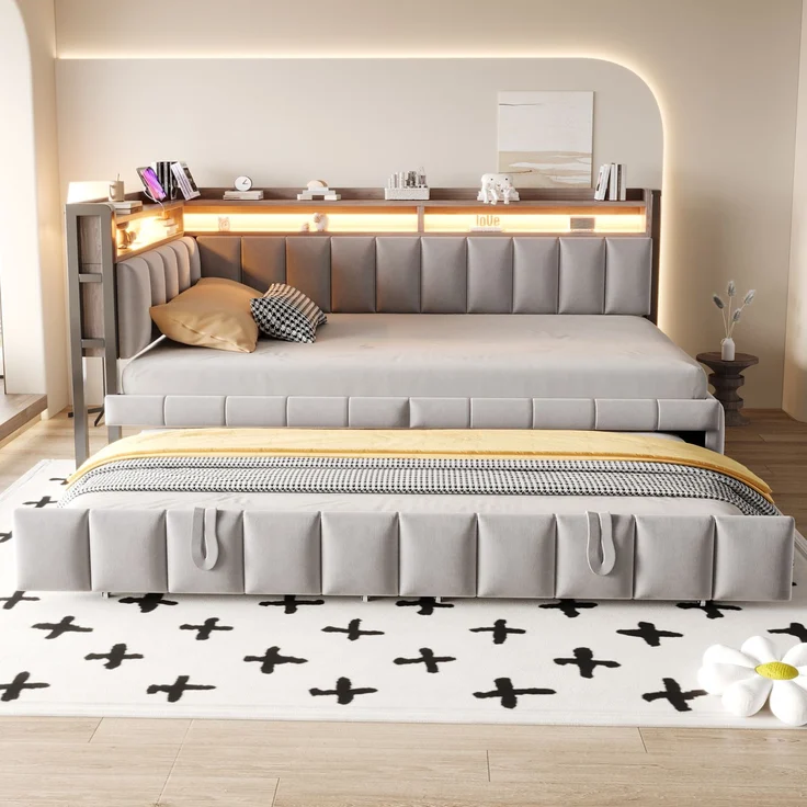 Polsterbett Schlafsofa 90x200 cm mit Ausziehbett, LED-Beleuchtung und Ablagefächern am Kopf- und Fußende, Ausgestattet mit USB- und Typ-C-Anschlüssen. Einzelschlafsofa, Samtstoff Hellgrau – Bild 4