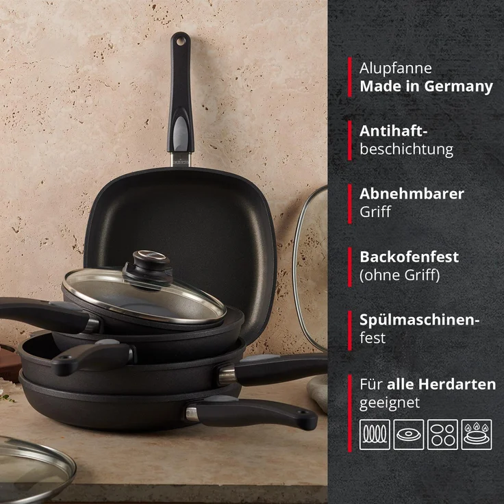 MEISTERKOCH Bratpfanne 28x28 cm, Induktion, Antihaft, abnehmbarer Griff | 6,5 cm hoher Rand, 4,3l Volumen | Made in Germany | 4-lagige Titanium-Versiegelung, spülmaschinengeeignet – Bild 3