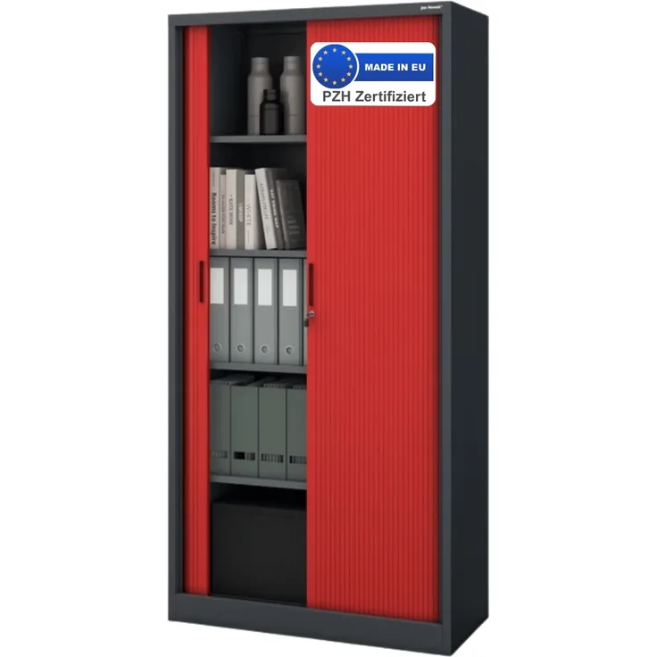 Aktenschrank abschließbar KETI - Rolladentüren, 5 Ebenen | Büroschrank aus Stahl Metallschrank Werkstatt Mehrzweckschrank Werkzeugschrank, 185x90x45cm Anthrazit-Rot