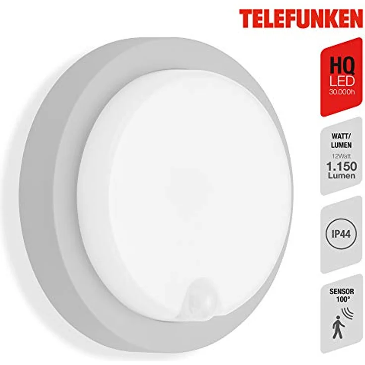 TELEFUNKEN LED Außenwandleuchte, Bewegungsmelder und Dämmerungssensor, 12 Watt, 1.150 Lumen, 4.000 Kelvin, IP44, silberfarbig, Ø 17cm – Bild 2