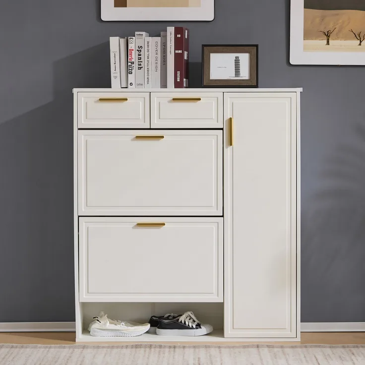 Schuhschrank modern, weiß, mit verstellbaren Regalen & Schubladen, goldenen Griffen, 95x24x107,5 cm