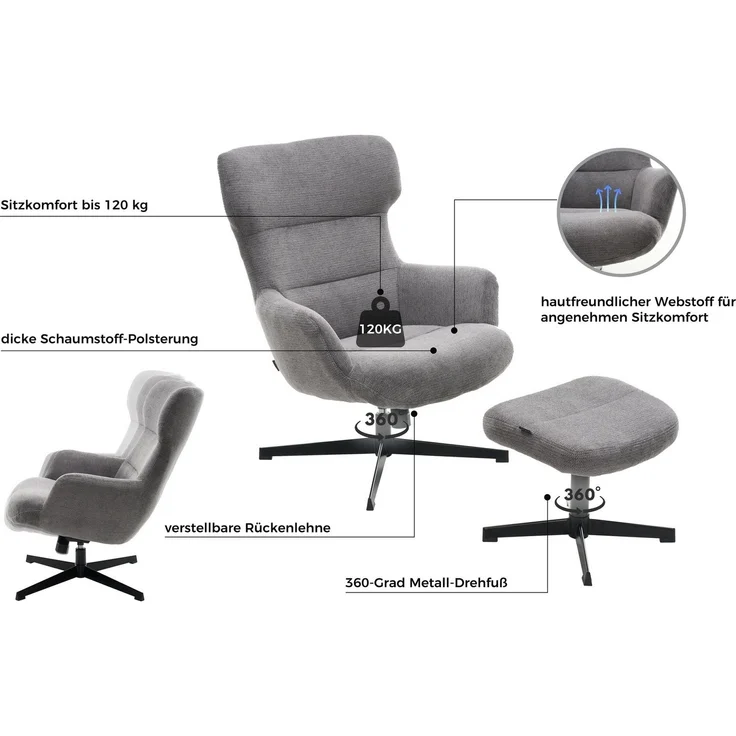 Home affaire Sessel Clarah Relaxsessel, TV-Sessel mit Hocker, 360° Grad drehbar – Bild 2
