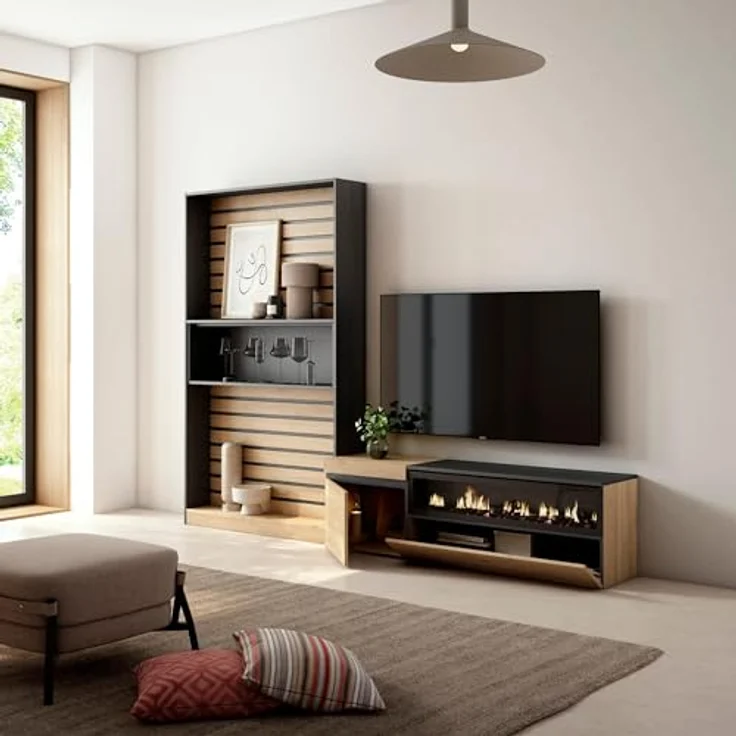 Skraut Home | Wohnwand Wohnzimmer | Wohnzimmermöbel, Möbelset | 260x186x35cm | Für TV-Geräte bis zu 65" | Elektrokamin. | Moderner Stil | Eiche Schwarz – Bild 4