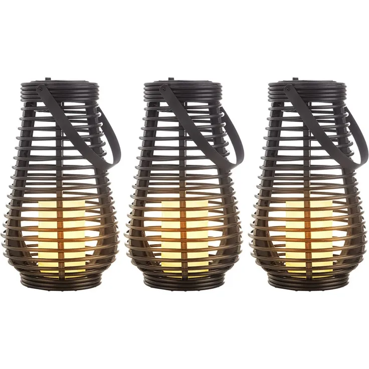 3x LED Solarlampe, Feuer-Effekt, Henkel, schwarz, H 26 cm