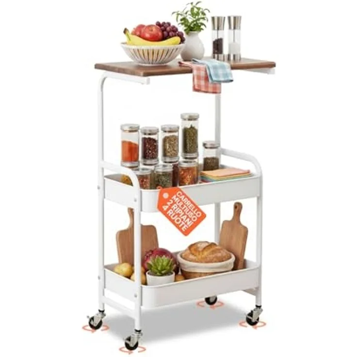 Avilia - Mehrzweck-Küchenwagen 77 x 43 x 30 cm mit 2 Ablagen aus Metall und Holz, leicht zu bewegen mit 4 drehbaren Rollen, ideal als platzsparendes Möbelstück für Zuhause und Büro