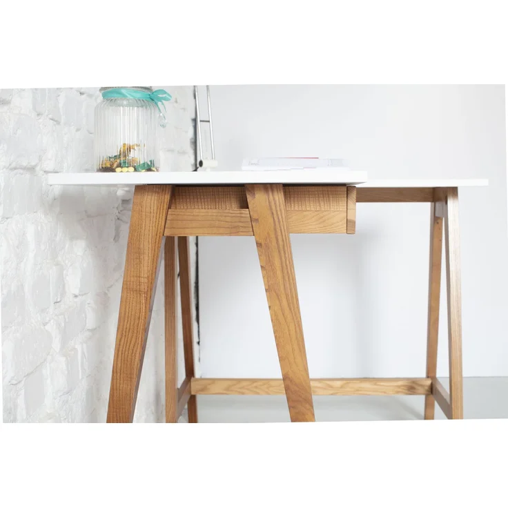 Ragaba Eckschreibtisch mit 2 Schubladen und Fußstütze, MDF & Massives Eschenholz Eichenbeize, 135x85 cm, Weiß, Rechts – Bild 5
