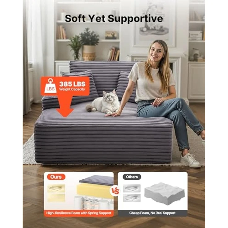VEVOR Chaiselongue Relaxliege 124 cm, gepolstertes Schlafsofa mit Dekokissen & Armlehnen, Schlafcouch mit tiefer Sitzfläche für Wohnzimmer Schlafzimmer, Loungesessel aus hochelastischem Schwamm – Bild 6