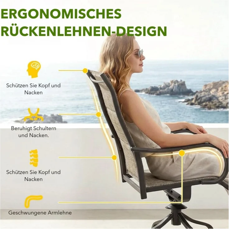 TLGREEN Gartenstuhl hochlehner 2er Set,360° drehbar, Drehstühle Wetterfeste, (Gesteppte Rückenlehne & Sitzfläche, bis 150 kg belastbar, 2 St), Für Terrasse Garten Balkon – Bild 3