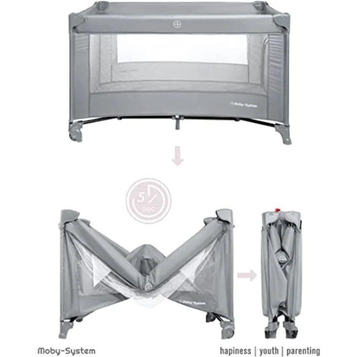 Moby-System Baby Reisebett 128x68 cm, faltbar mit Matratze & Tragetasche, 2-fach höhenverstellbar, grau – Bild 5