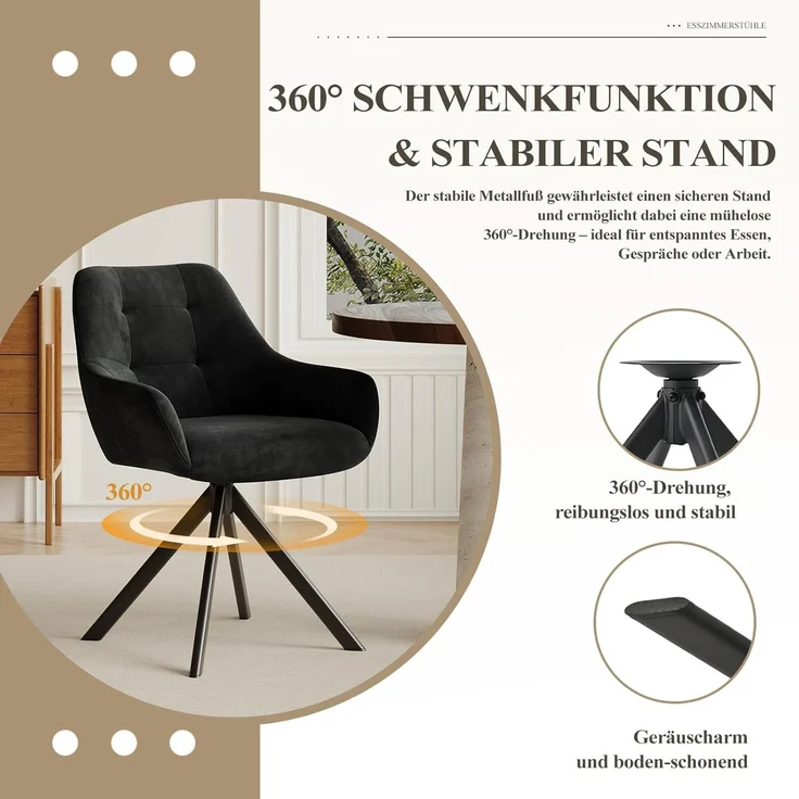 COLAMY Drehbare Esszimmerstühle 4er Set, Esszimmerstühle Drehbar mit Armlehne, Armlehnstuhl Drehbar mit Rückenlehne für Esszimmer, Stühle aus Weichem Florstoff mit Metallgestell für Küche, Schwarz – Bild 4